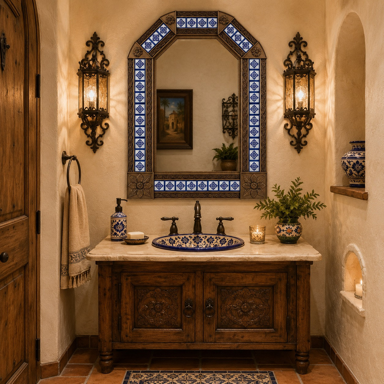 Handcrafted arch tin mirror with cobalt talavera tilework in an elegant powder room