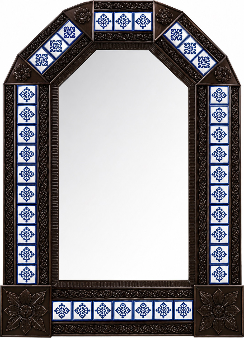 Handcrafted arch tin mirror with cobalt talavera tilework dark brown