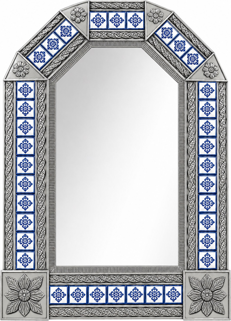Handcrafted arch tin mirror with cobalt talavera tilework