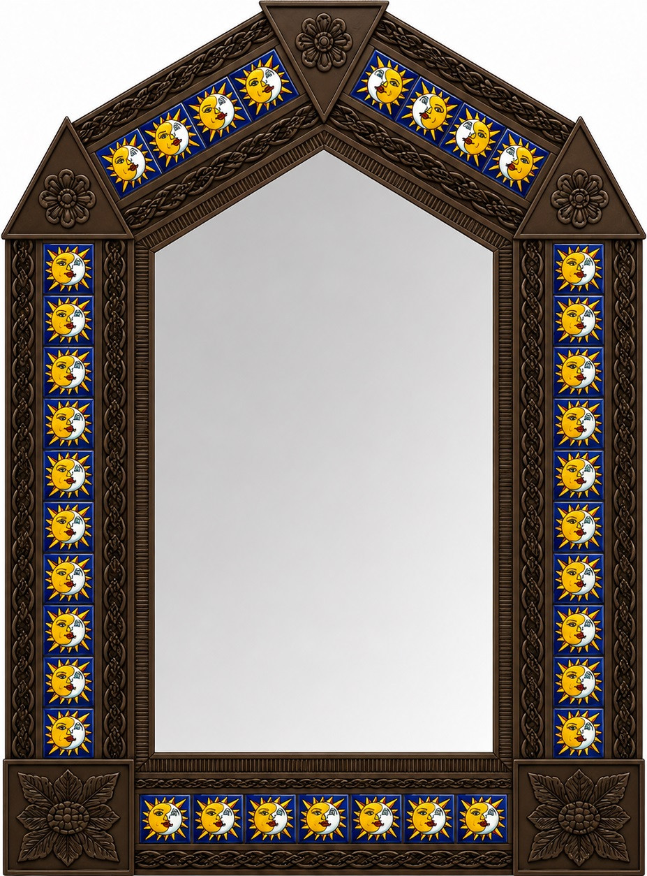 Handcrafted arch talavera sun moon dark brown tin wall mirror
