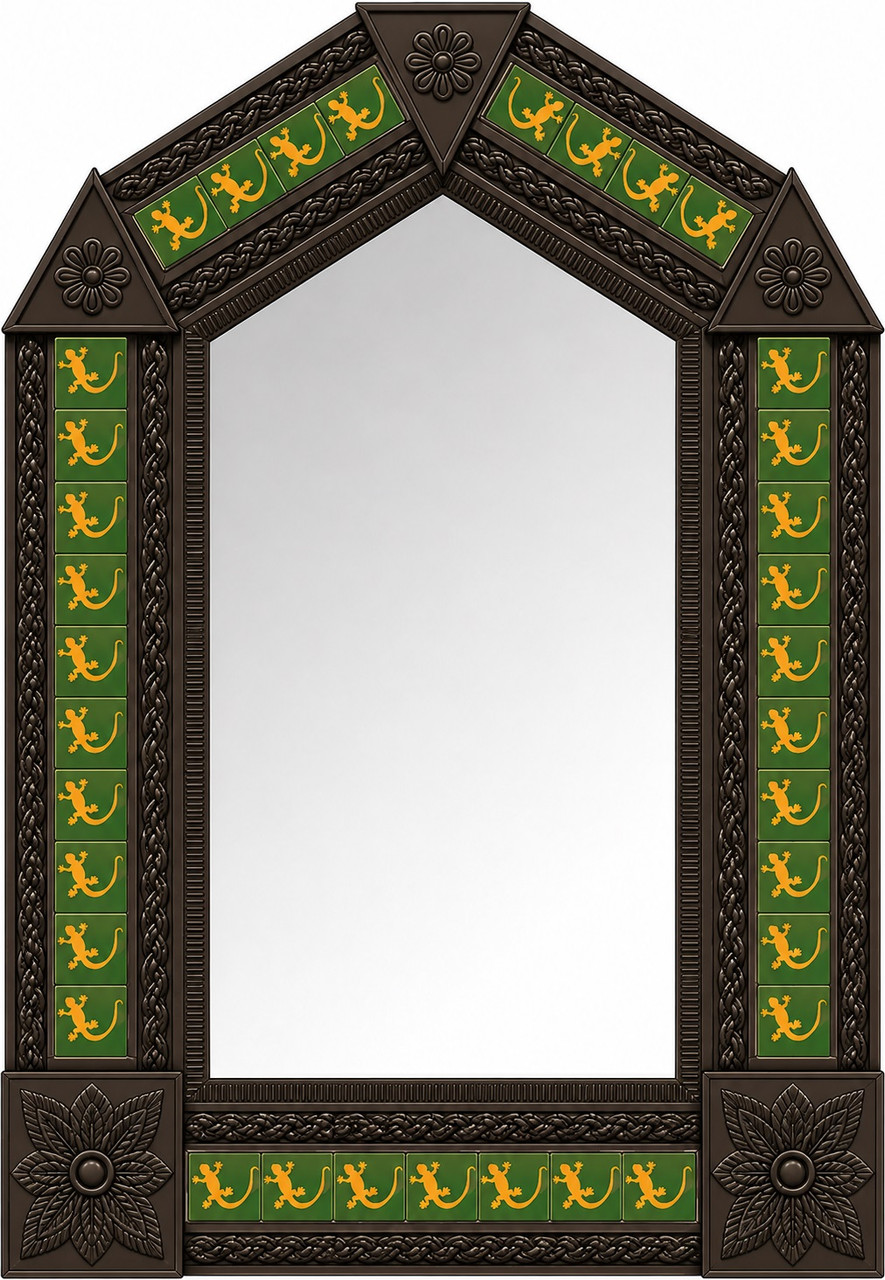 Handcrafted arch lizard talavera tile tin mirror frame dark brown