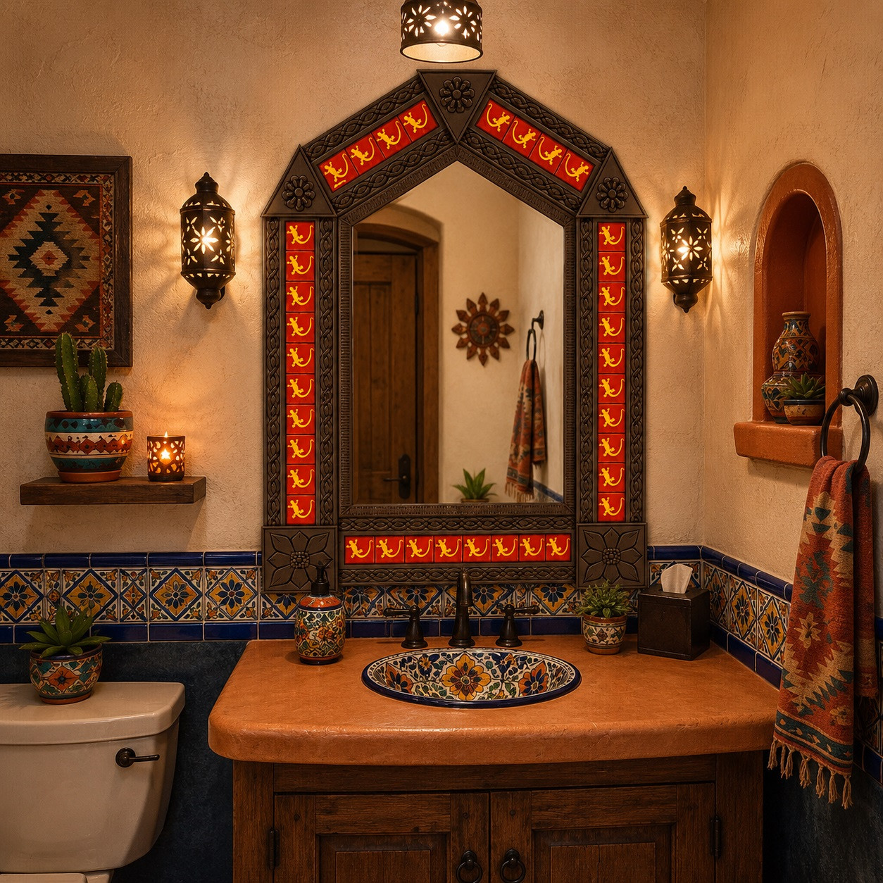 Handcrafted arch talavera lizard tin mirror decorating colorful Southwestern powder room