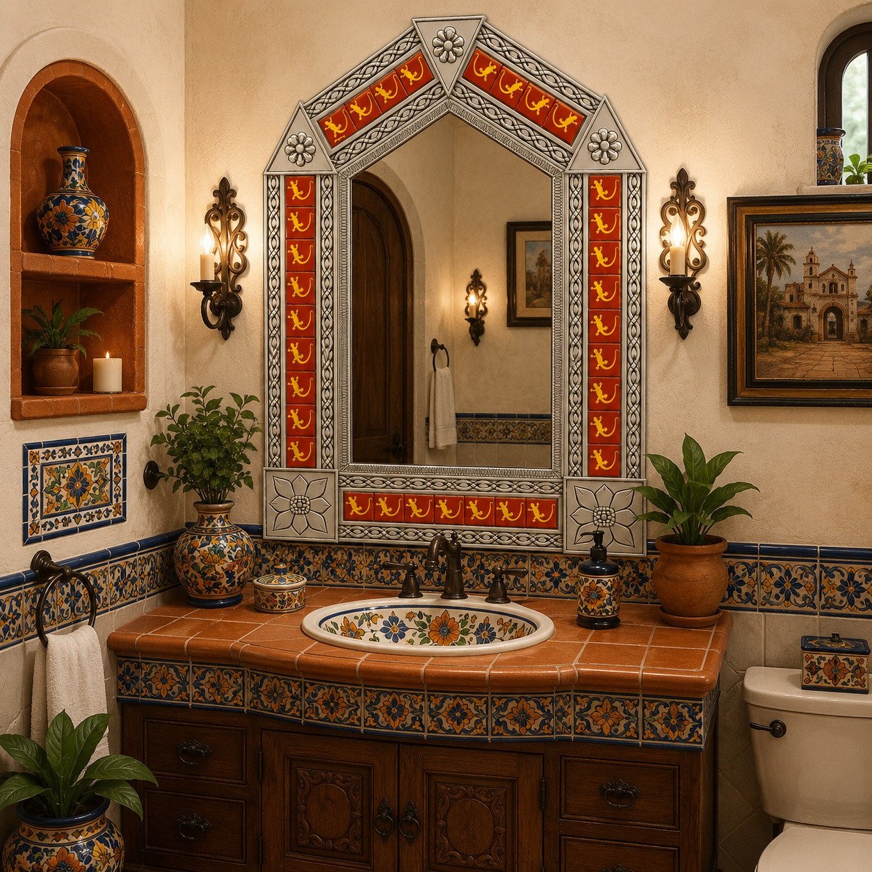 Handcrafted arch talavera lizard tin mirror in a Spanish Revival bathroom vanity setting