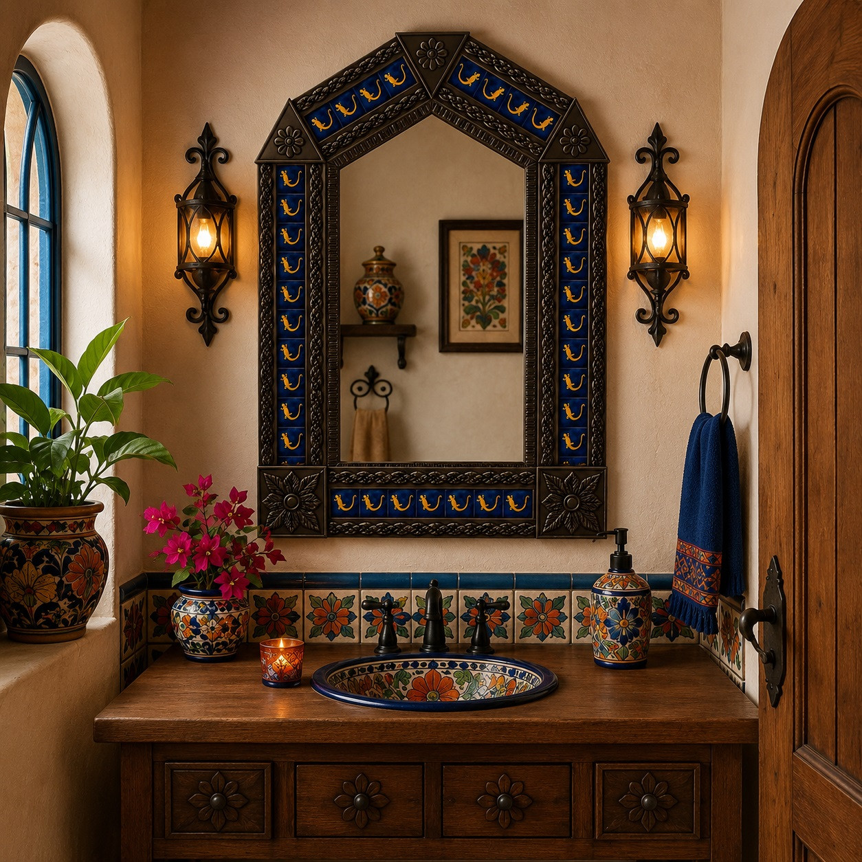 Handcrafted arch tin mirror with talavera lizard tiles in a colorful Mexican powder room