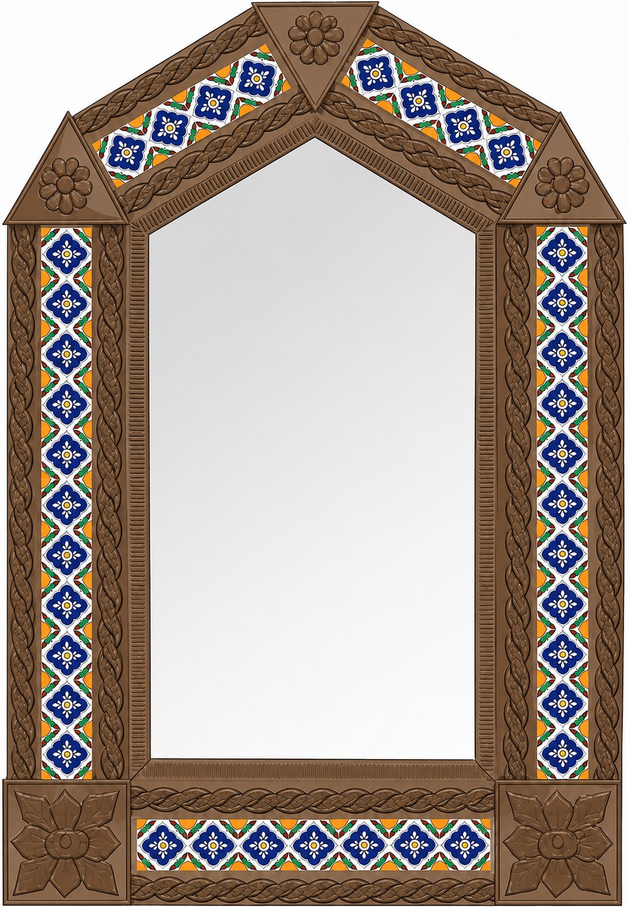 Handcrafted arch tin mirror blue Guadalajara talavera tiles with light brown frame