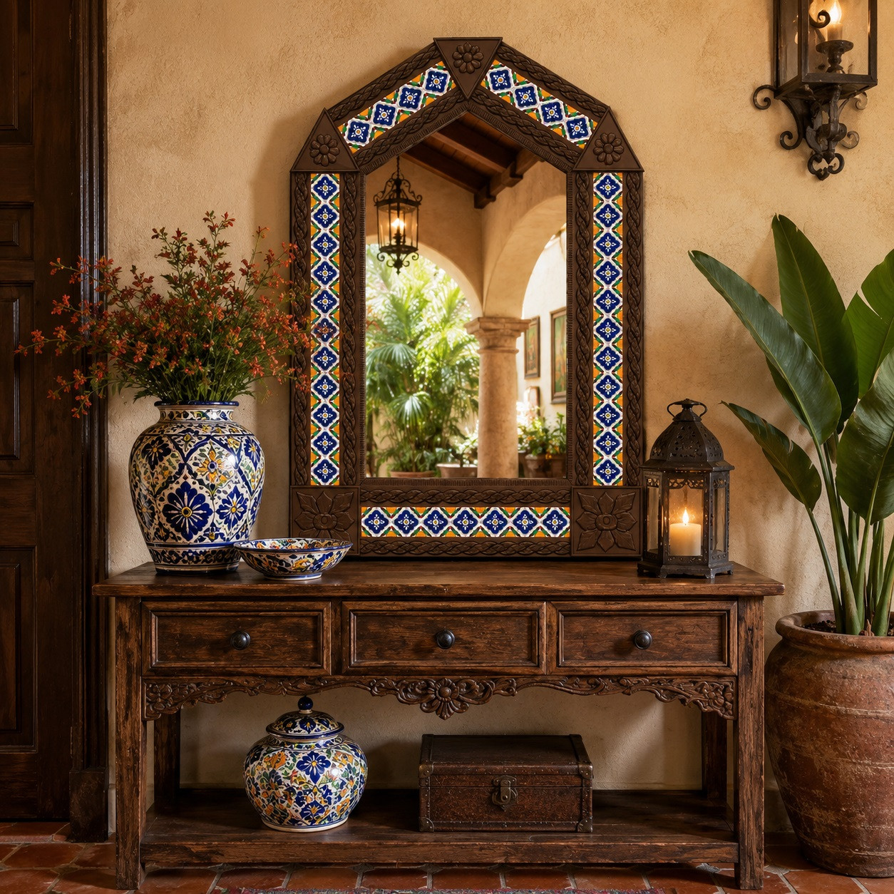 Handcrafted arch tin mirror with blue Guadalajara talavera tiles above a rustic hacienda console table