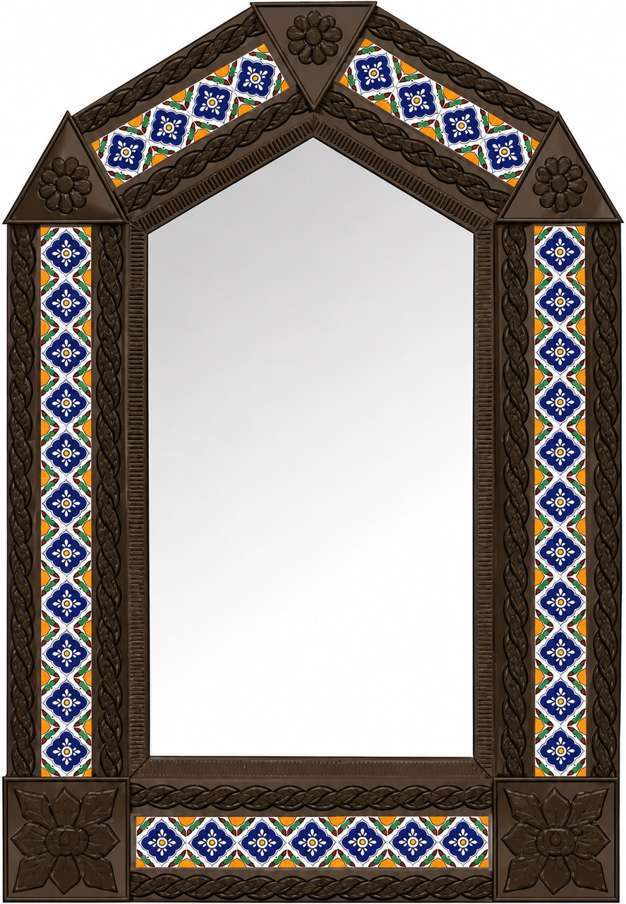 Handcrafted arch tin mirror blue Guadalajara talavera tiles with dark brown frame