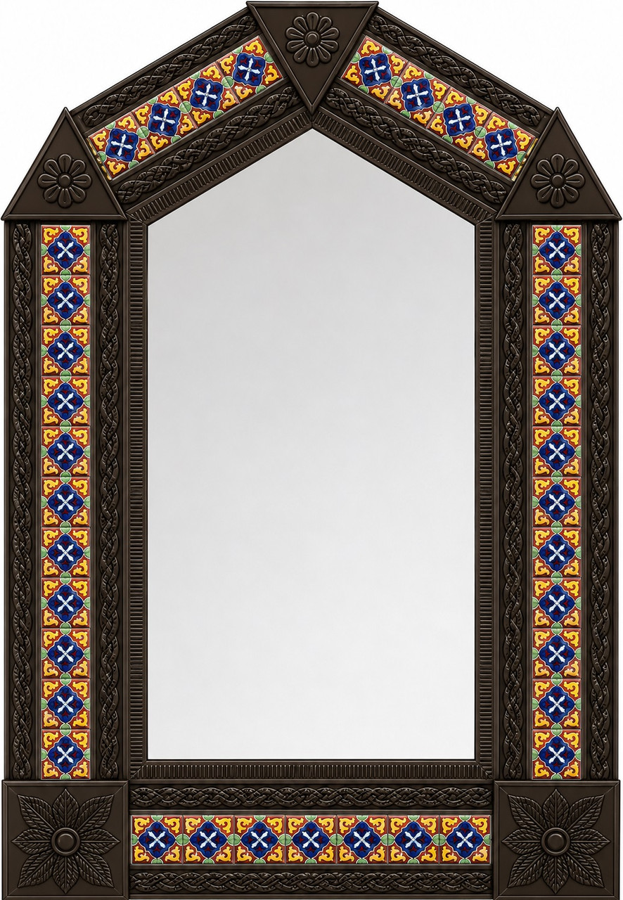 Handcrafted arch tin mirror with Spanish talavera floral tiles dark brown