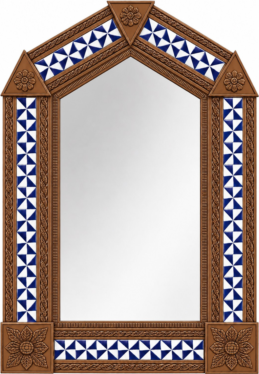 Handcrafted arch tin mirror with blue pinwheel tiles light brown