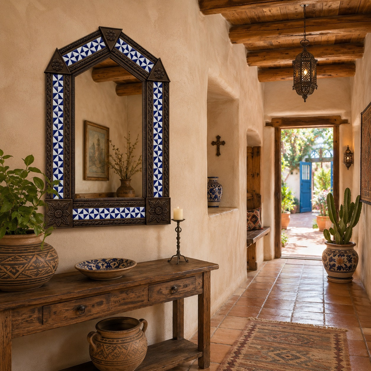 Handcrafted arch tin mirror with blue pinwheel tiles decorating an adobe style hallway