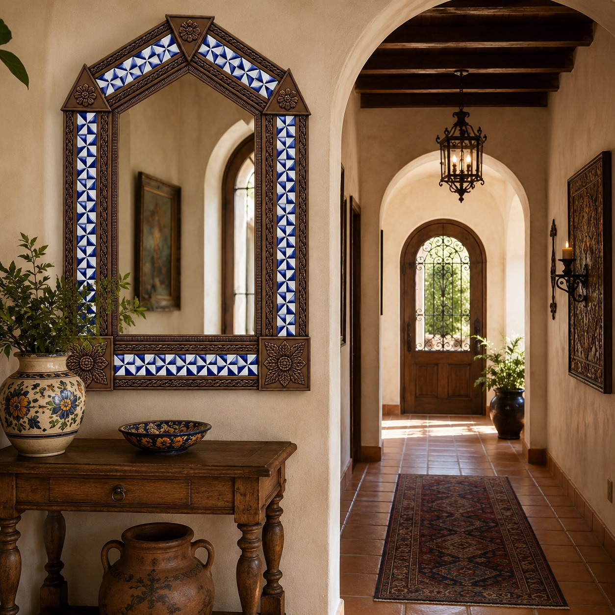 Handcrafted arch tin mirror with blue pinwheel tiles in a rustic Spanish hallway entry