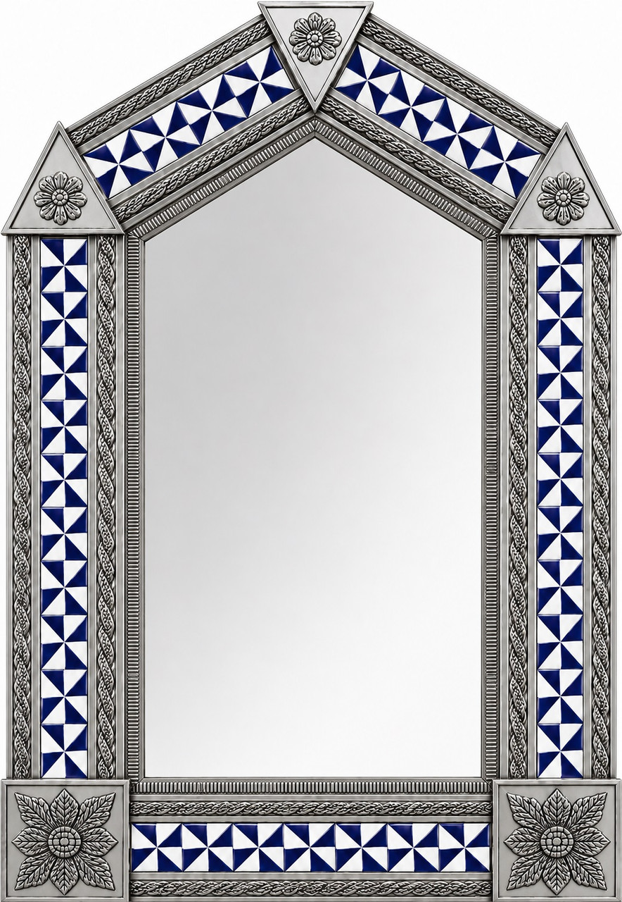 Handcrafted arch tin mirror with blue pinwheel tiles