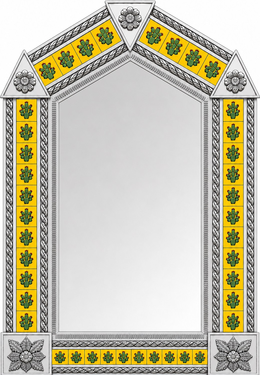 Handcrafted arch tin mirror with cactus talavera tiles