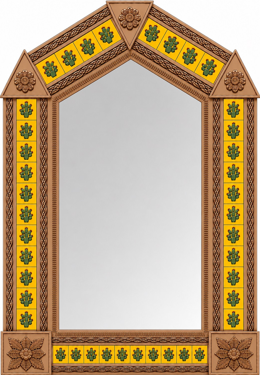 Handcrafted arch tin mirror with cactus talavera tiles light brown