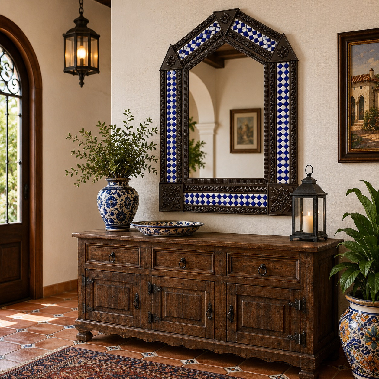 Handcrafted arch tin mirror with blue diamond talavera tiles in a Spanish Revival entryway