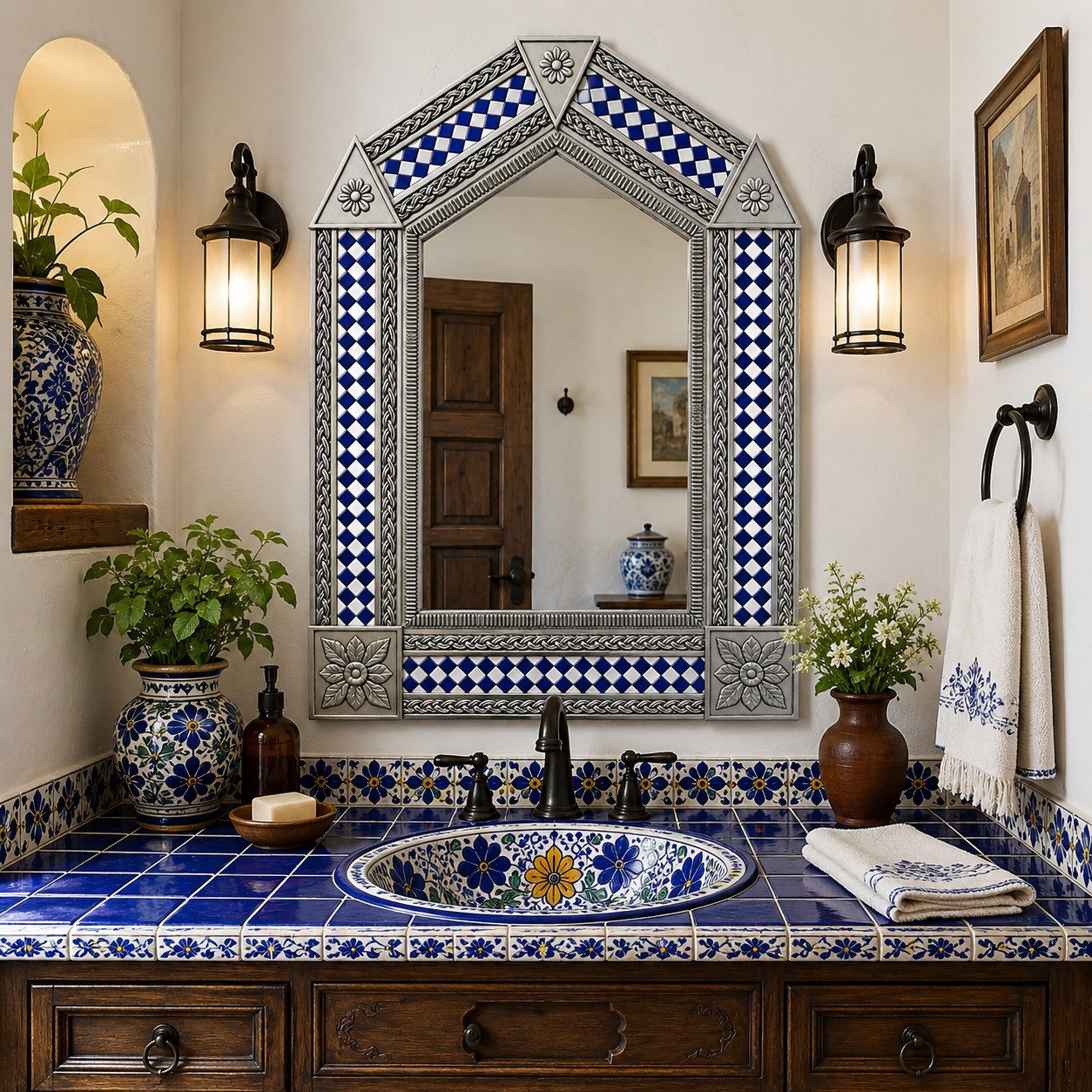 その他 Etain decoration murale Handcrafted Arch Tin Mirror with Blue Diamond Talavera Tiles