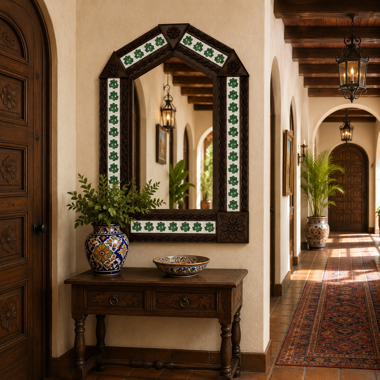 Handcrafted arch green talavera tin wall mirror frame decorating a colonial hallway wall