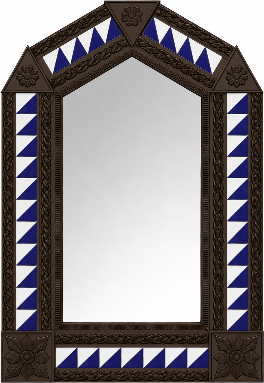 Handcrafted arch tin mirror blue triangle tiles dark brown