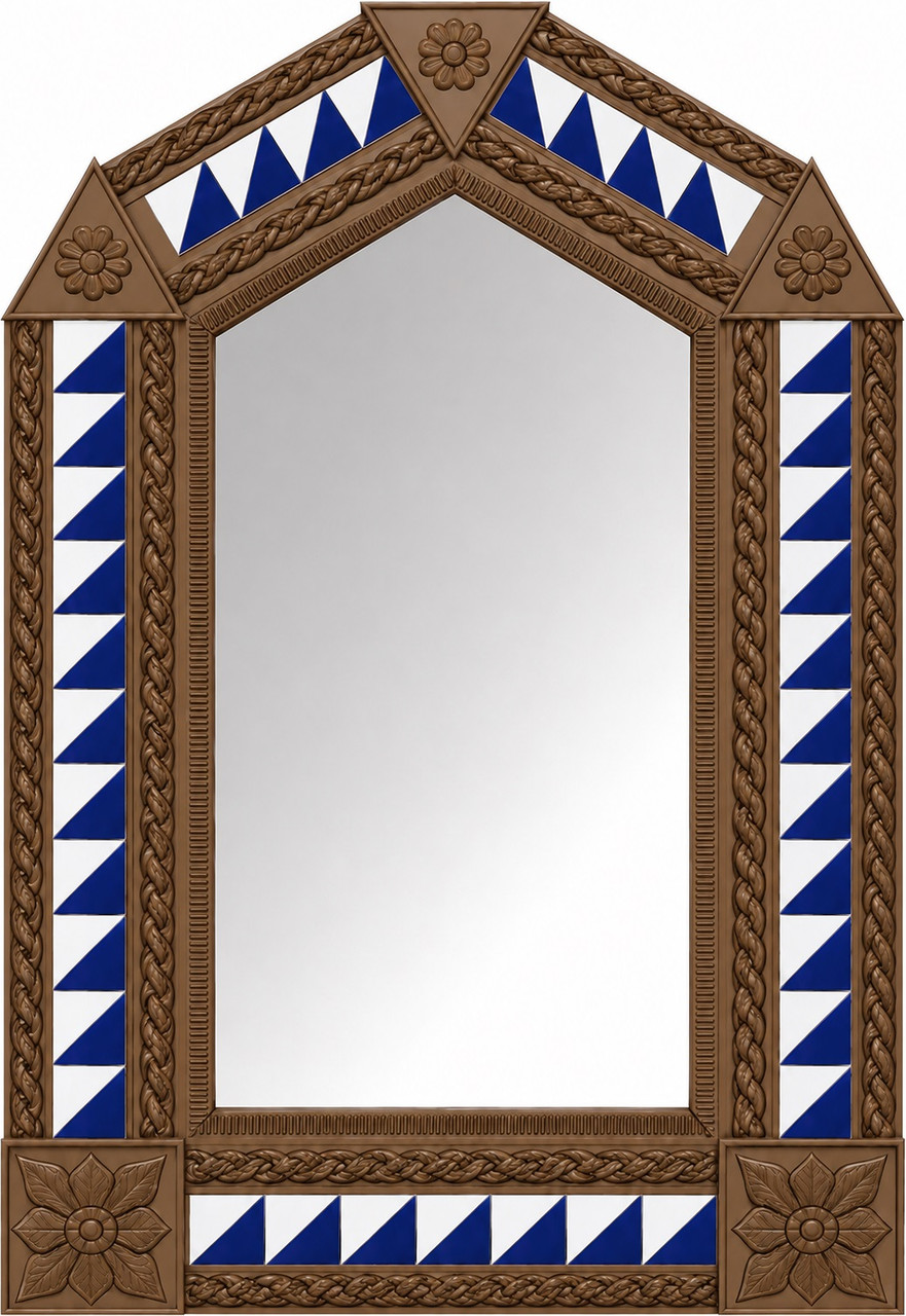 Handcrafted arch tin mirror blue triangle tiles light brown