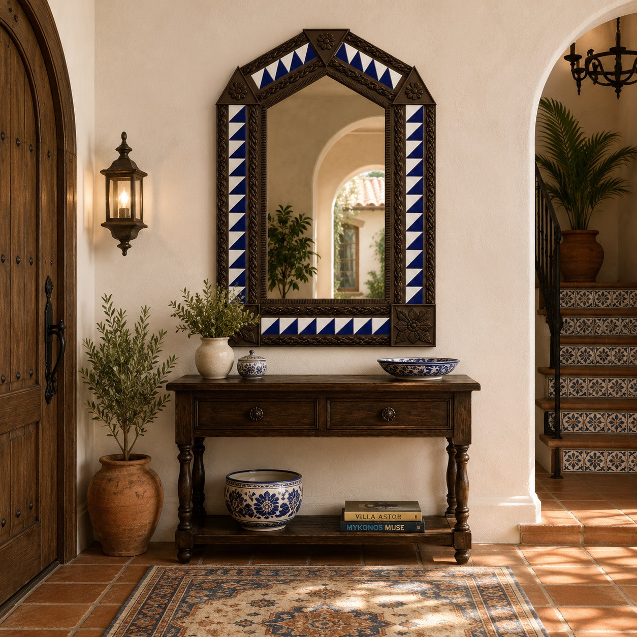 Handcrafted arch tin mirror with blue triangle tiles in a Mediterranean entryway