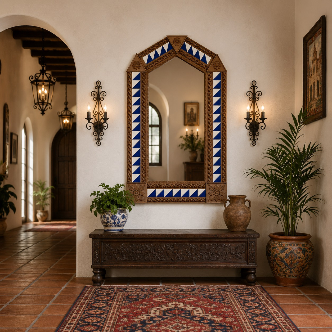Handcrafted arch tin mirror white blue triangle tiles in a Spanish Revival hallway