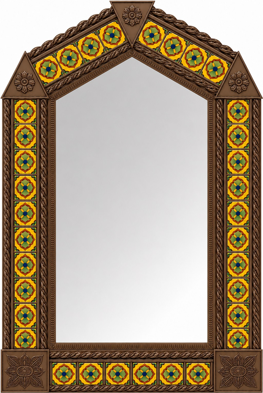Handcrafted arch tin mirror colorful talavera tiles light brown