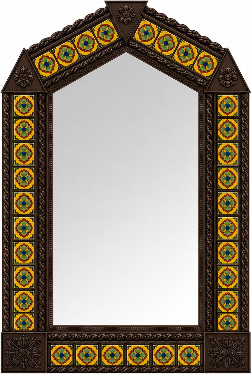 Handcrafted arch tin mirror colorful talavera tiles dark brown
