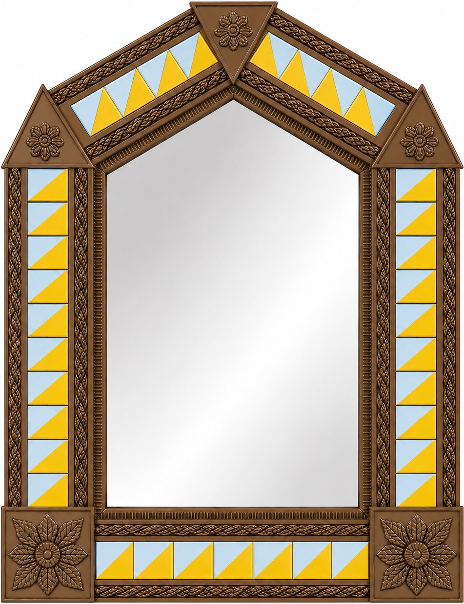 Light brown handcrafted arch tin mirror with yellow triangle tiles