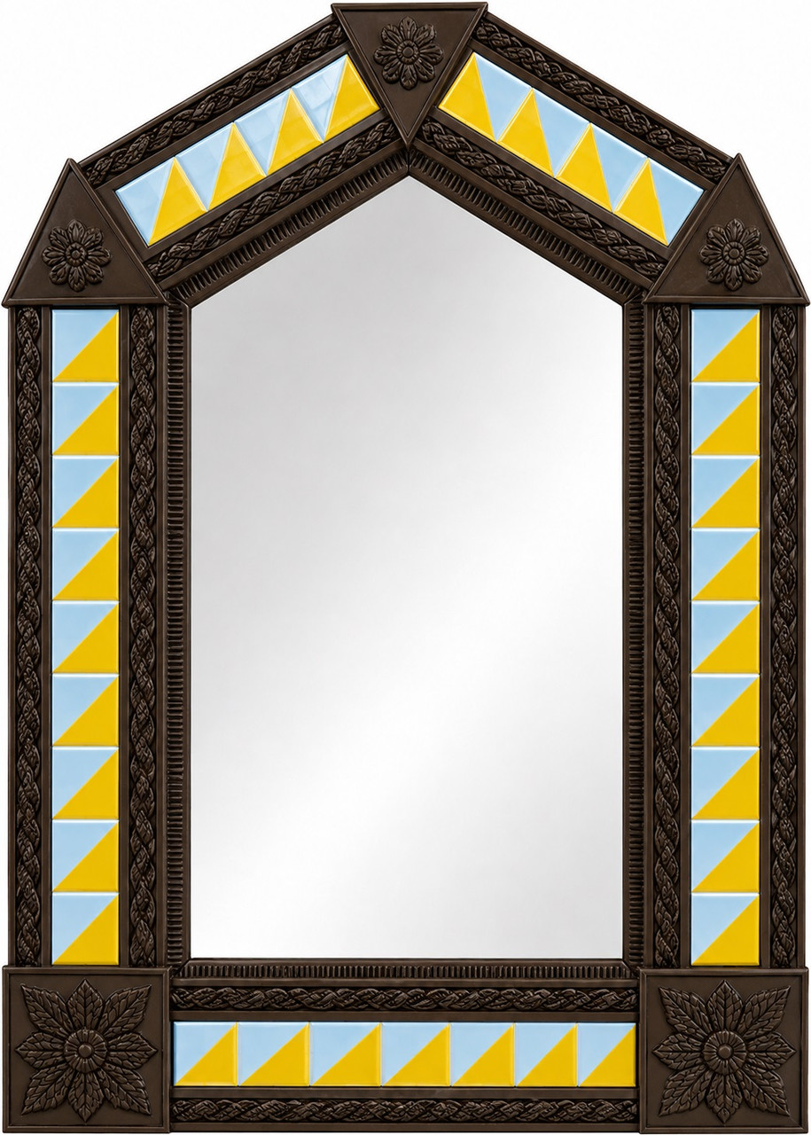 Dark brown handcrafted arch tin mirror with yellow triangle tiles