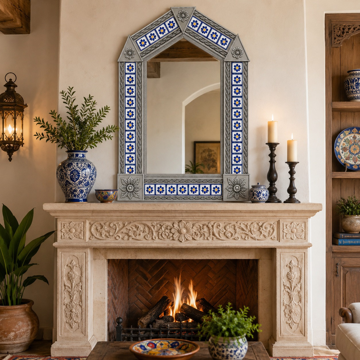 Handcrafted arch tin mirror with blue daisy tiles above a carved wood fireplace mantel