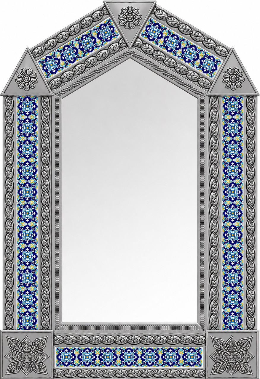 Handcrafted arch tin mirror with floral talavera tilework