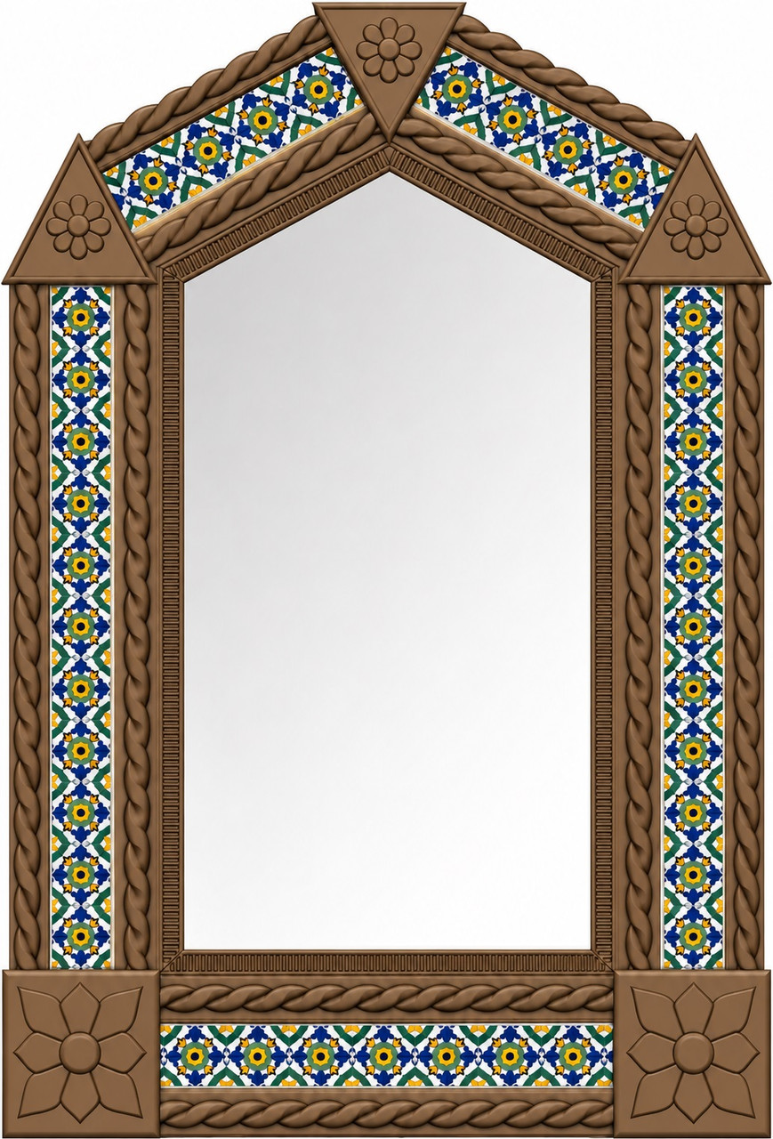 Handcrafted arch tin mirror with blue talavera floral tiles light brown