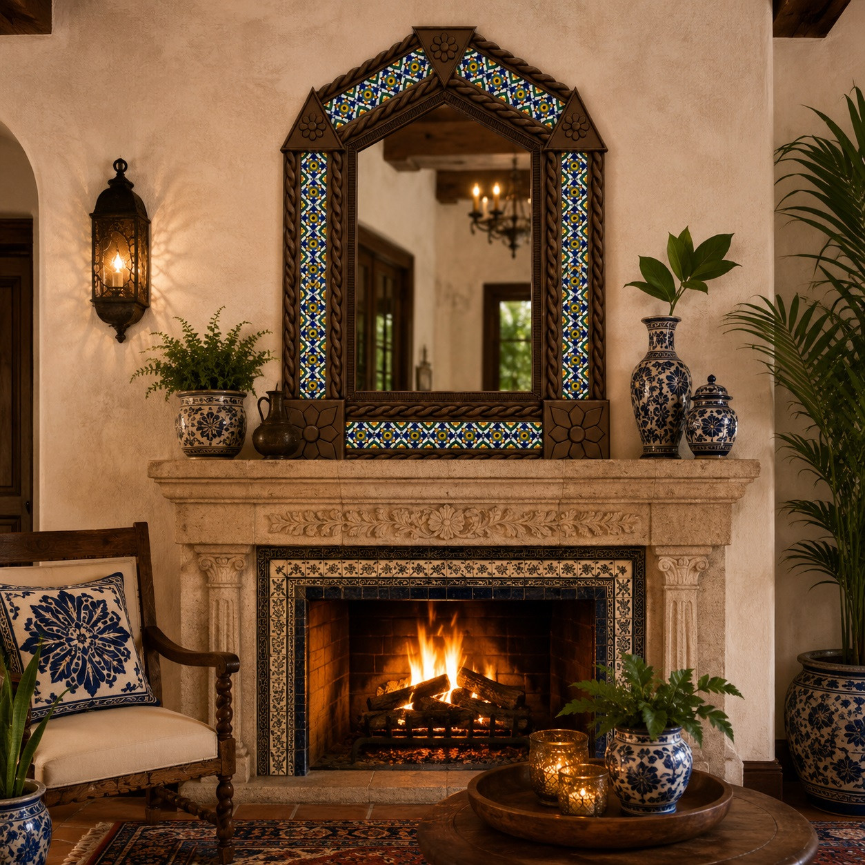 Handcrafted arch tin mirror with blue talavera floral tiles over colonial fireplace mantel