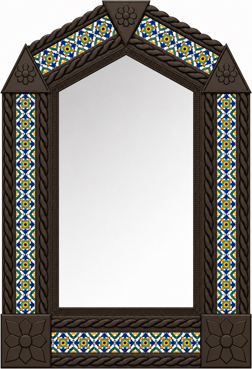 Handcrafted arch tin mirror with blue talavera floral tiles dark brown