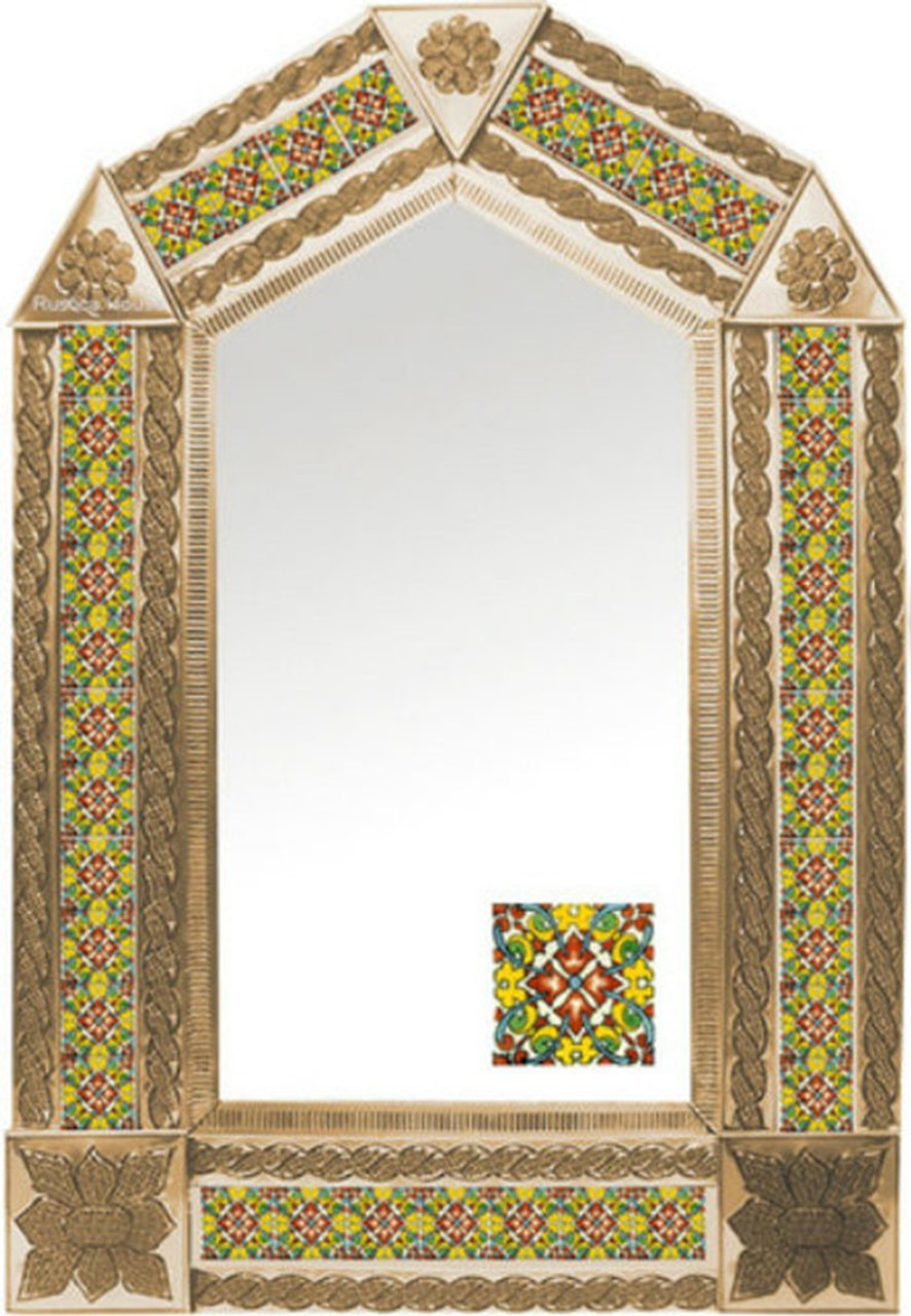 tin mirror with copper frame and handmade tile