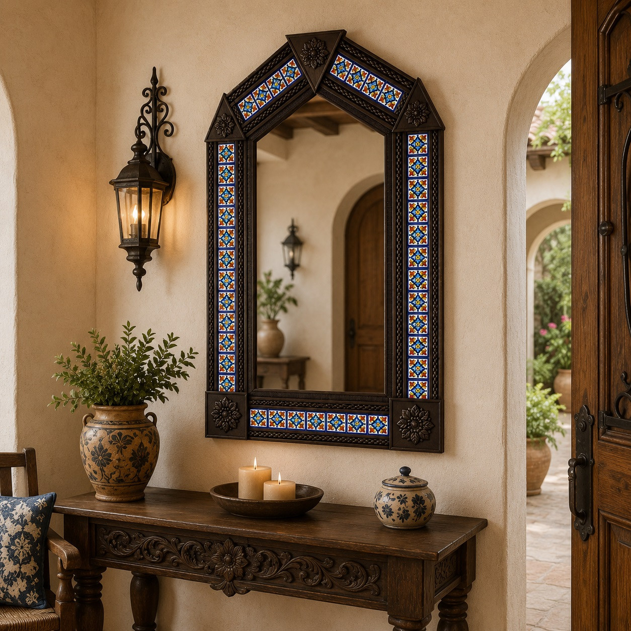 Handcrafted arch tin mirror with hacienda talavera tilework in plaster wall entryway