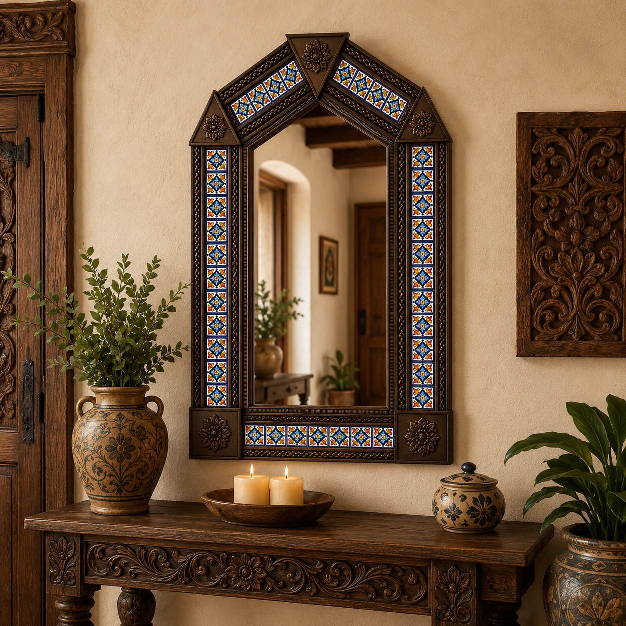 Handcrafted arch tin mirror with hacienda talavera tilework near carved wood decor