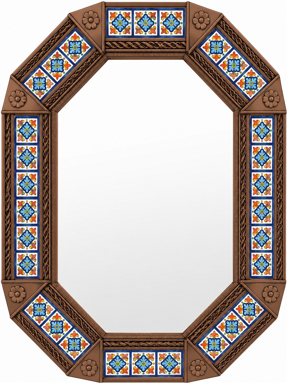 Octagonal decorative tin mirror with floral talavera tiles light brown