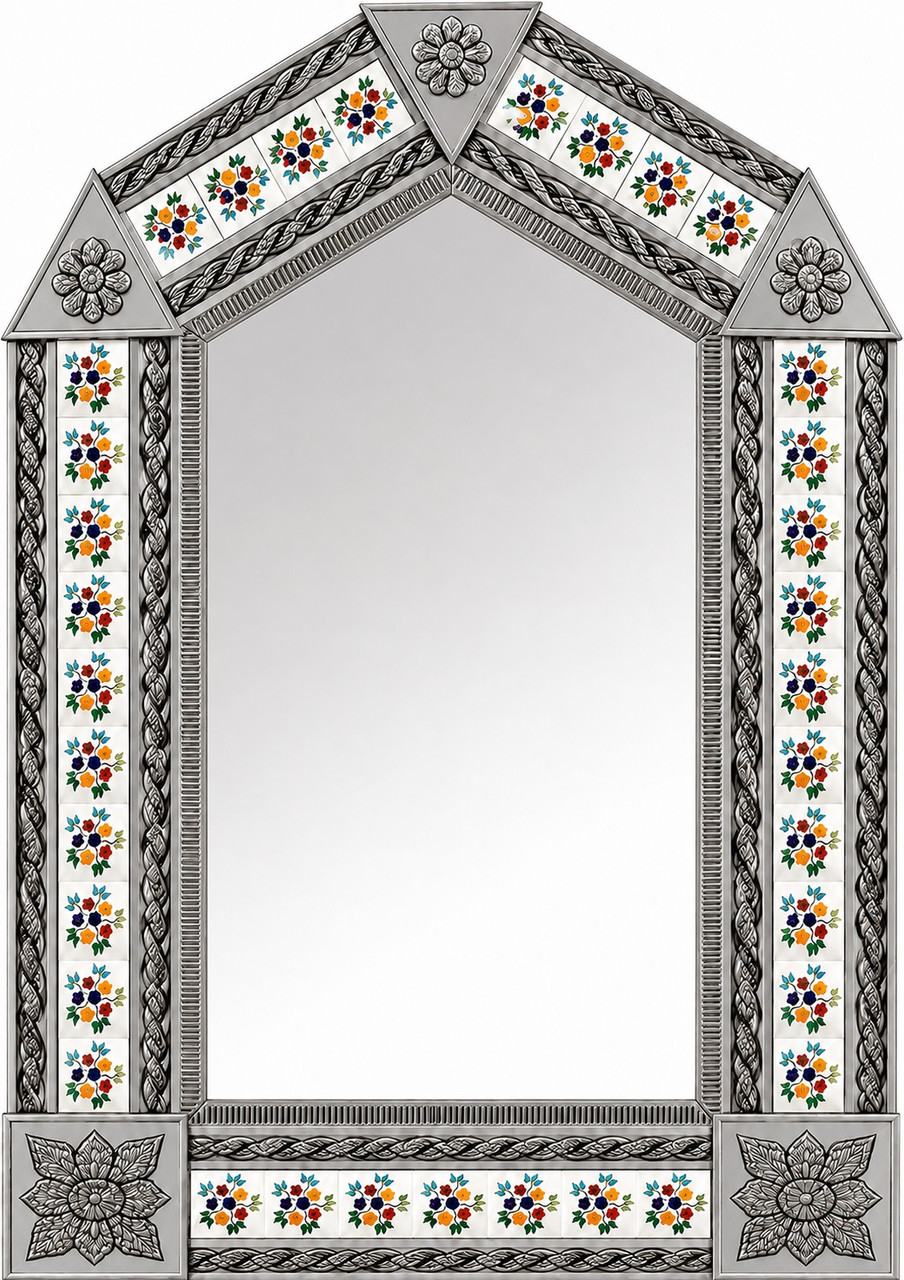 Handcrafted arch talavera tin mirror frame with floral tile accents