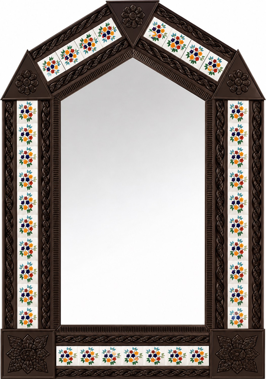 Handcrafted arch talavera tin mirror frame with floral tile accents dark brown