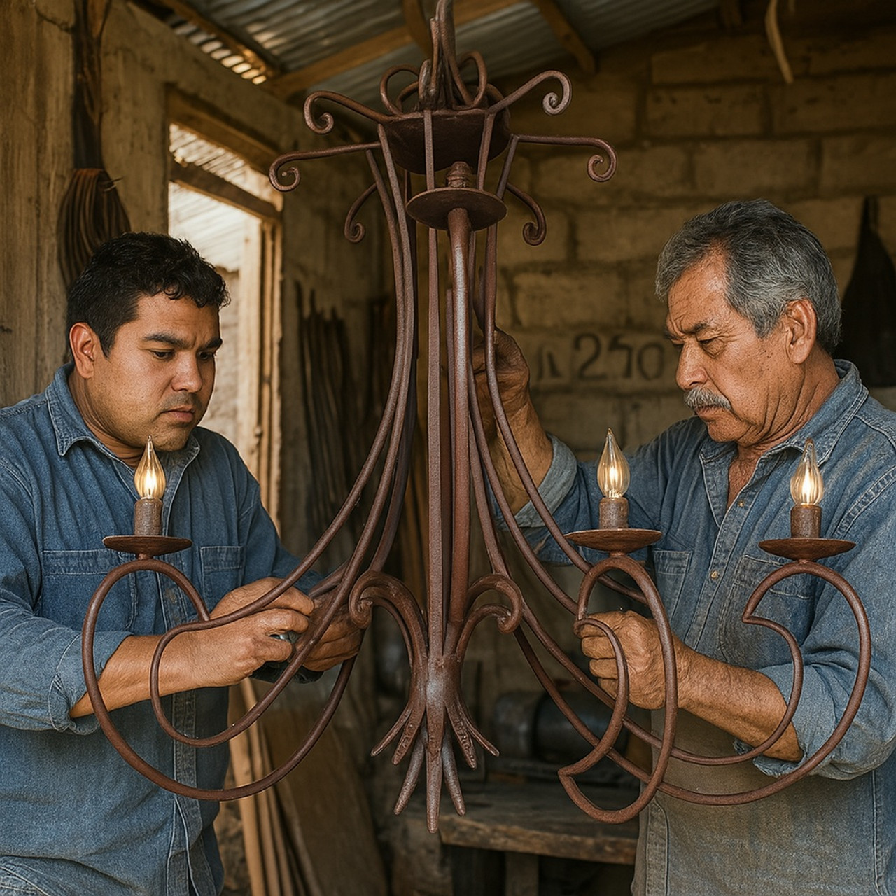 Wrought Iron Scroll-Arm Chandelier in Artisan Workshop