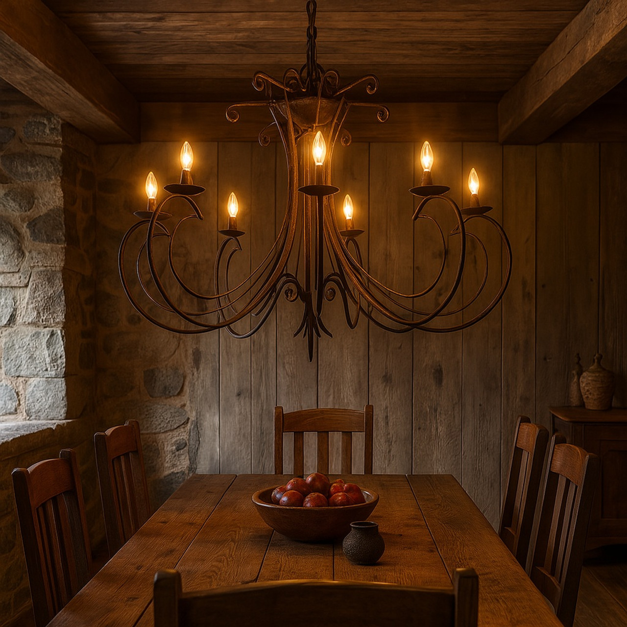 Wrought Iron Scroll-Arm Chandelier in Dining Room