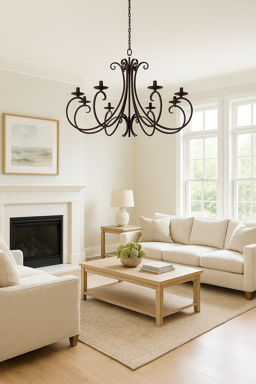 Wrought Iron Scroll-Arm Chandelier in Living Room