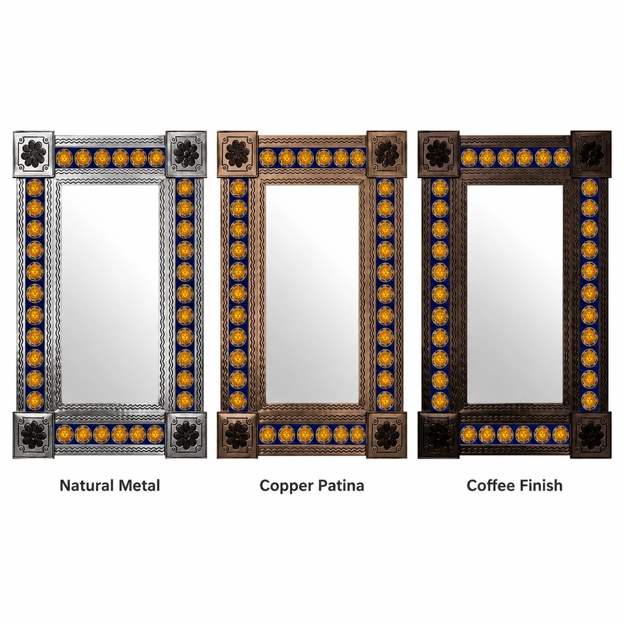 Cobalt blue and yellow Sun Talavera tile mirror shown in natural metal, copper patina, and coffee finish options