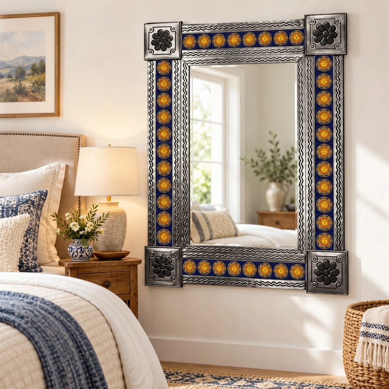 Cobalt blue and yellow Sun Talavera tile mirror in guest bedroom with wood dresser, neutral bedding, plaster walls, and warm accents