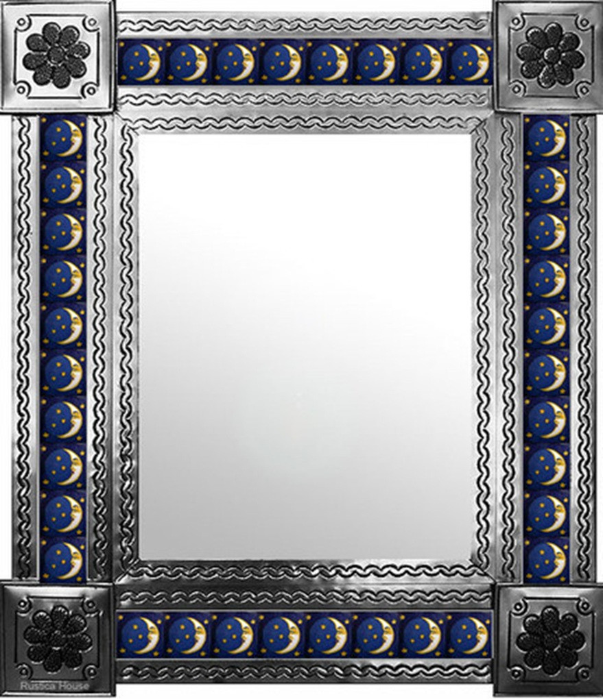 Tin mirror with blue moon and star Talavera tile border, natural color frame