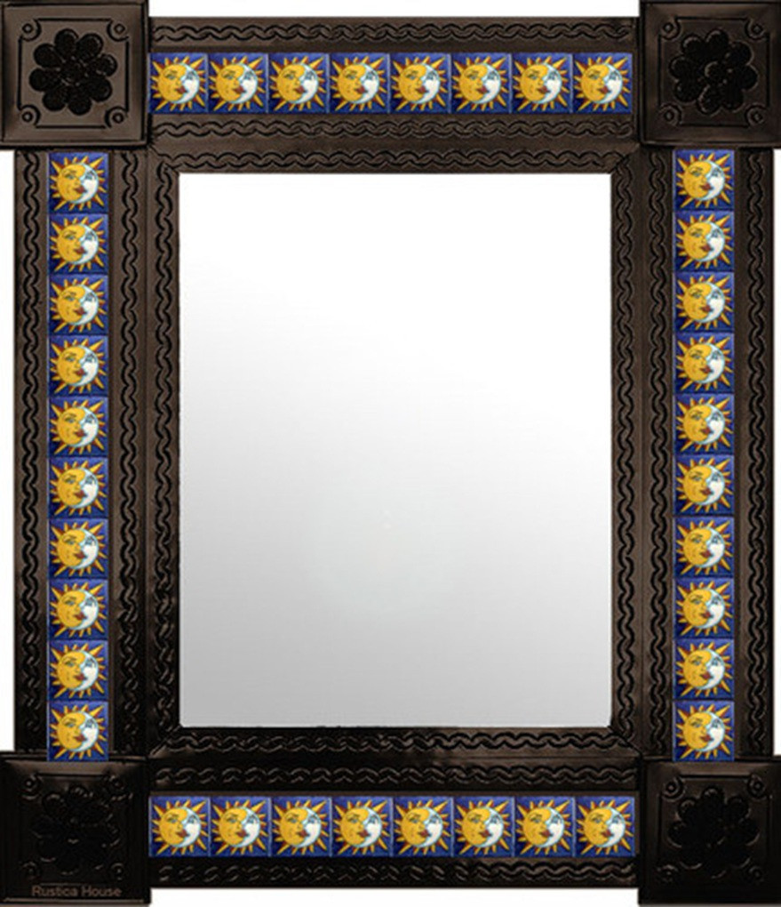 Mexican Tin Mirror with Sun Talavera Tiles
