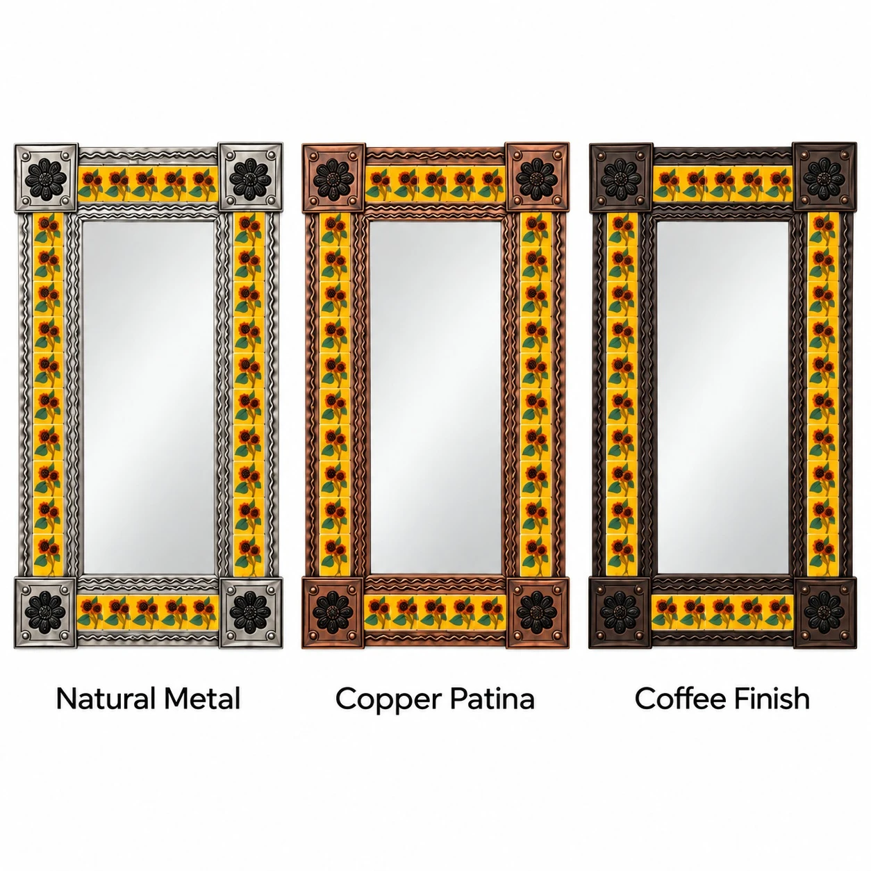 Yellow sunflower Talavera mirror shown side by side in three decorative metal frame finishes