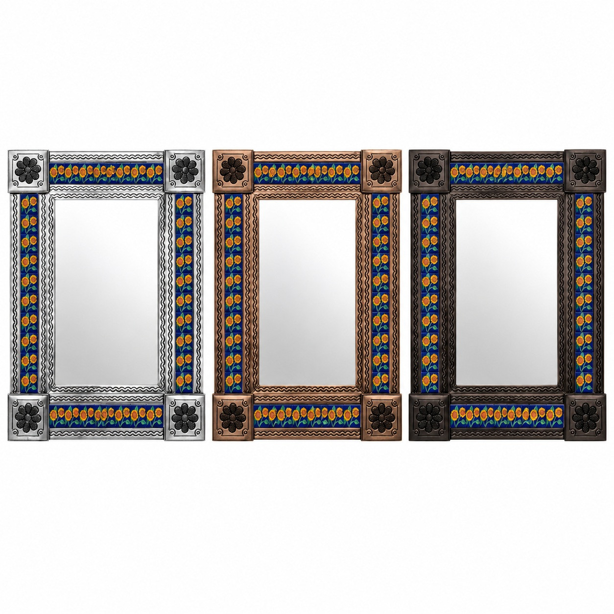 Three Talavera tile mirrors side by side in silver, copper, and dark coffee finishes on white background