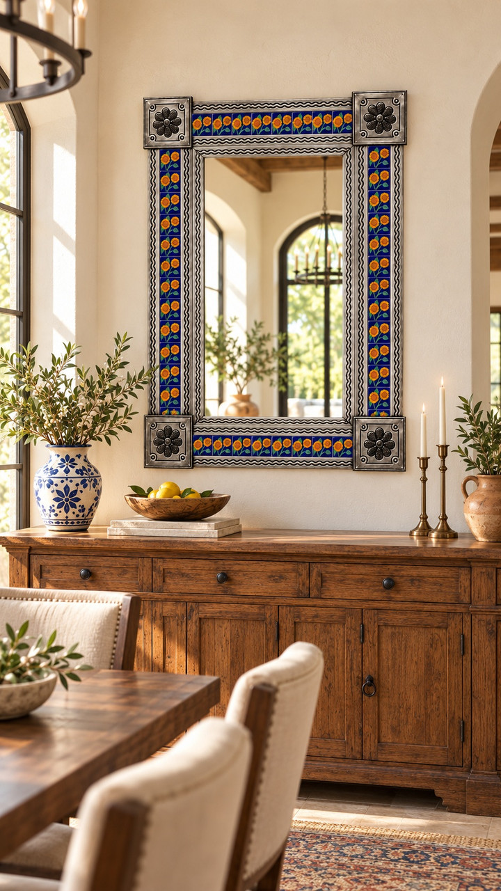 Talavera tile mirror above a long wood buffet in a bright dining room with neutral walls and dining chairs
